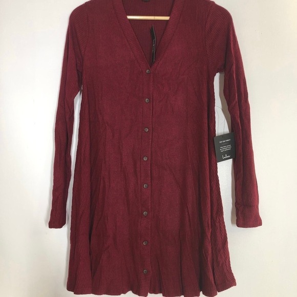 Lulus Sweet Comfort Sweater Dress Button Front Ribbed Knit Burgundy NWT Size XS - Picture 8 of 13